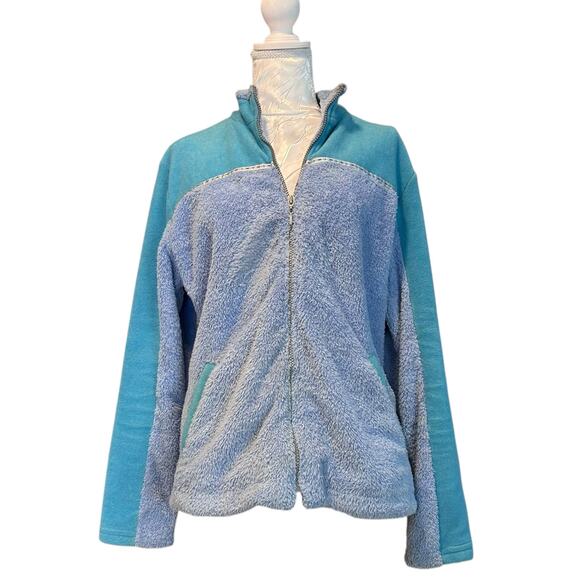 Wooly Bully Blue Fleece Womens Sz Large Full Zip Two Tone Blue Lightweight - Picture 1 of 16